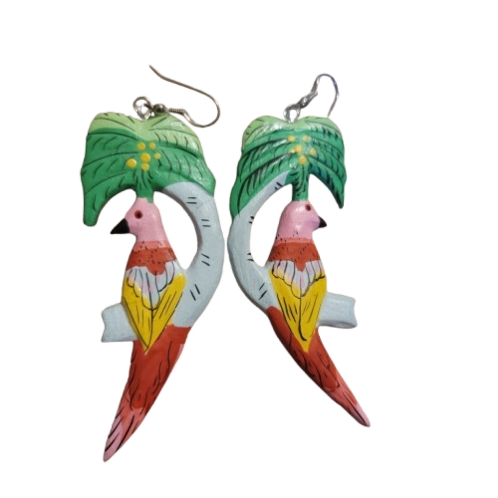 Vibrant green and Yellow Parrot Bird Earrings  Curved Body and Palm Leaf Crest